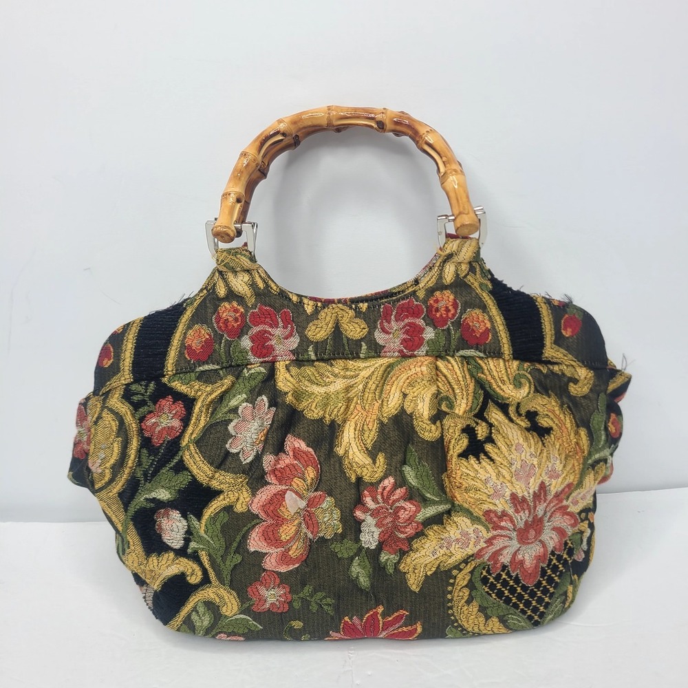 Vintage Talbots Bag Floral‎ Tapestry Purse Bamboo Handles Magnetic Closure Y2K